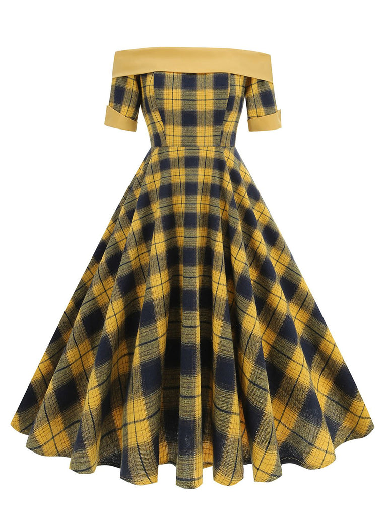 1950s Off-Shoulder Vintage Patchwork Plaids Dress