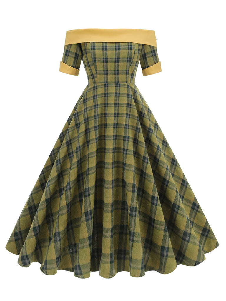 1950s Off-Shoulder Vintage Patchwork Plaids Dress