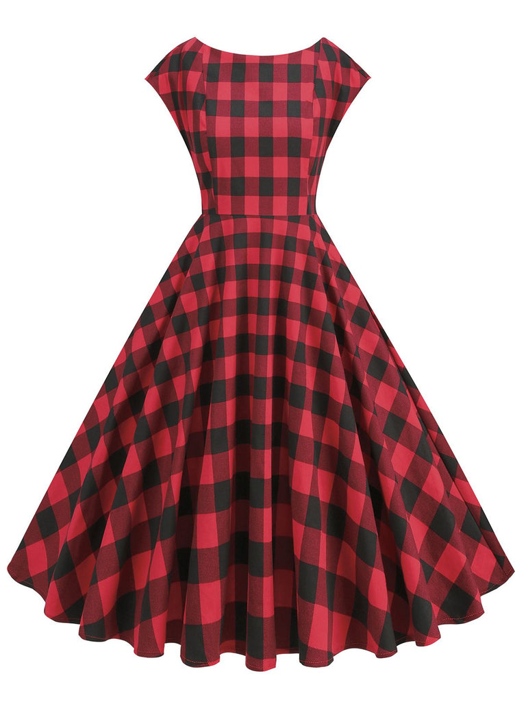 Red 1950s Buffalo Plaids Swing Dress