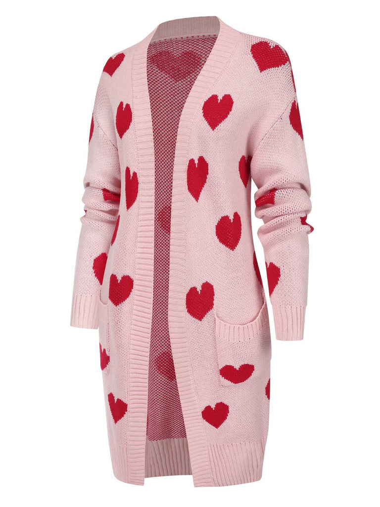 Pink 1930s Heart Long Knitted Cardigan