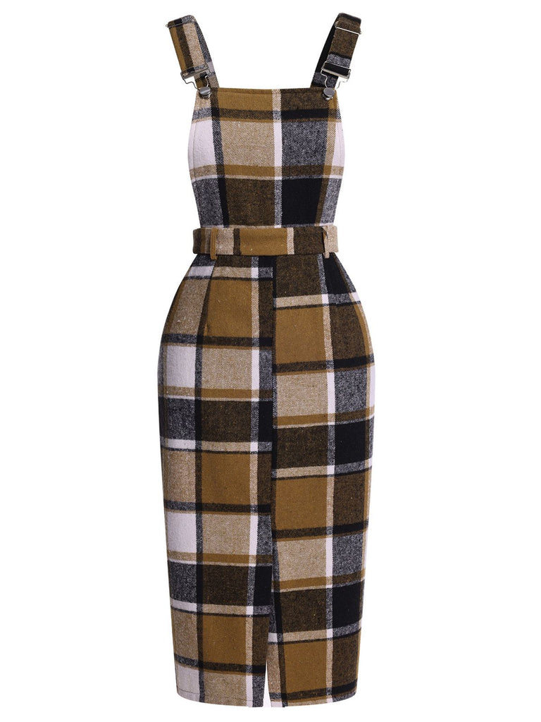 Khaki 1960s Classic Plaid Straps Dress