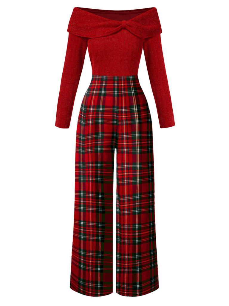 [Pre-Sale] Red 1950s Off Shoulder Plaids Jumpsuit