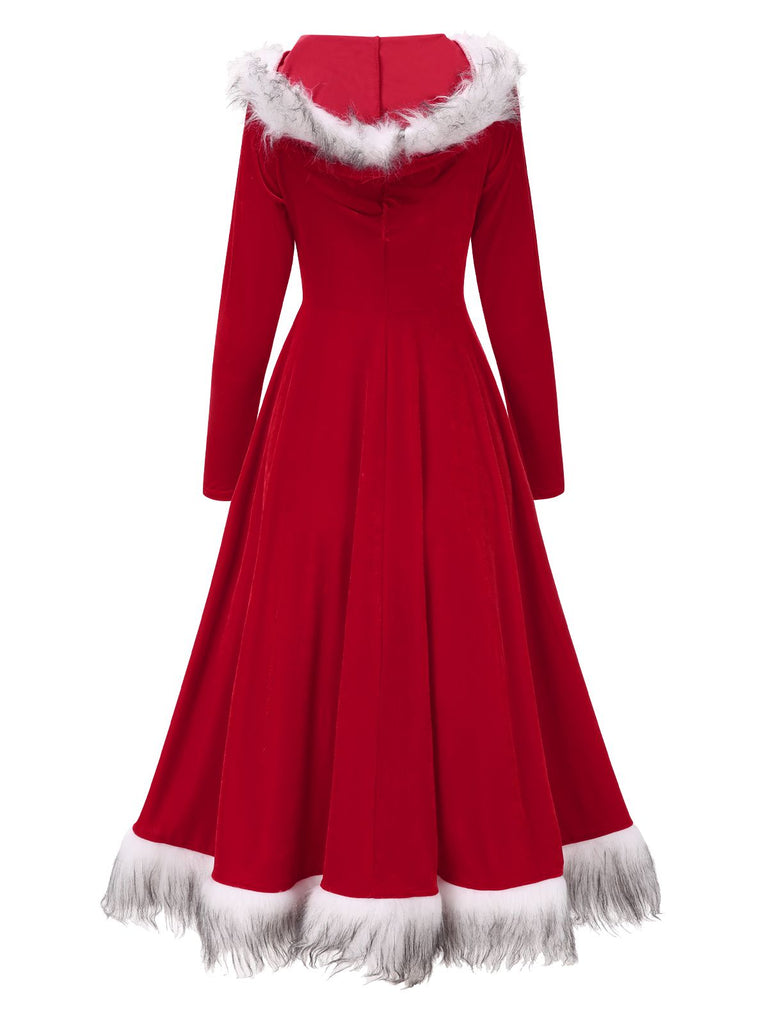 Red 1970s Christmas Fur Hooded Dress