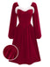 Wine Red 1940s Christmas Fur Collar Solid Dress