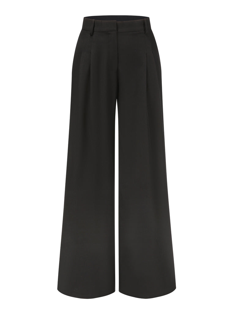 Black 1930s Pleated High Waist Wide Leg Pants