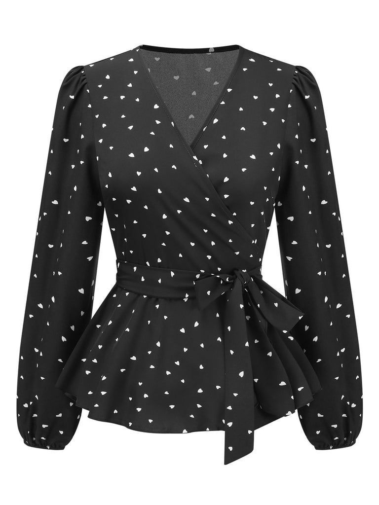 Black 1960s Heart Dots V-Neck Belted Blouse