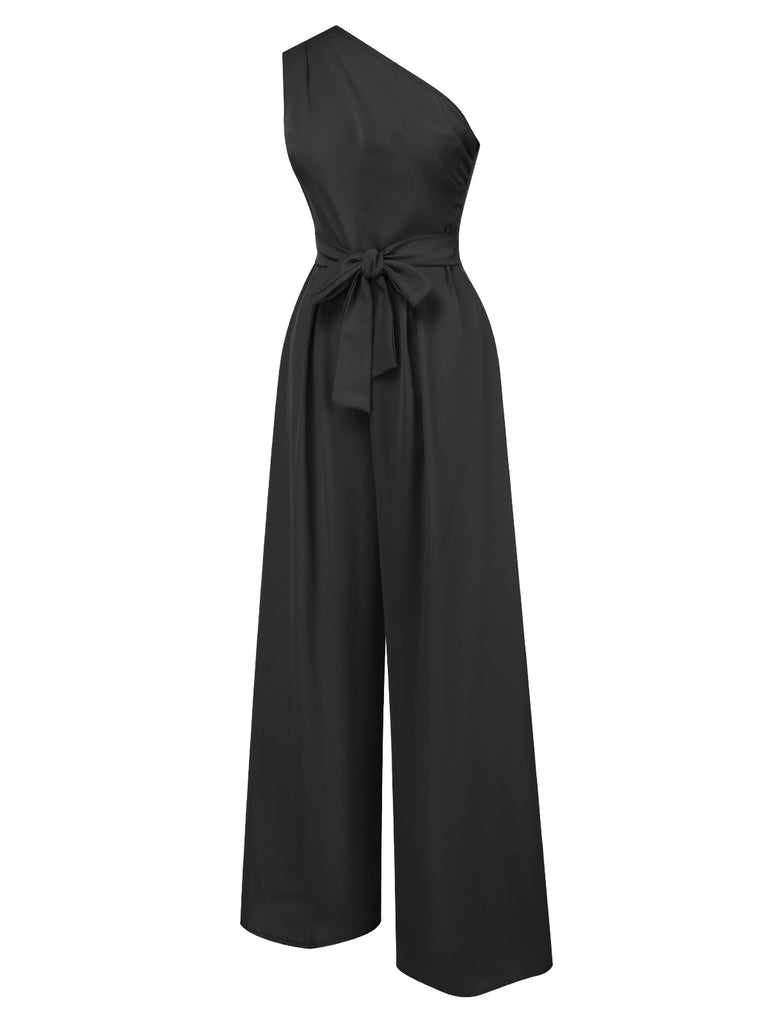 1930s One-Shoulder Solid Bind Jumpsuit