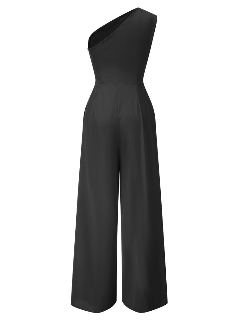 1930s One-Shoulder Solid Bind Jumpsuit