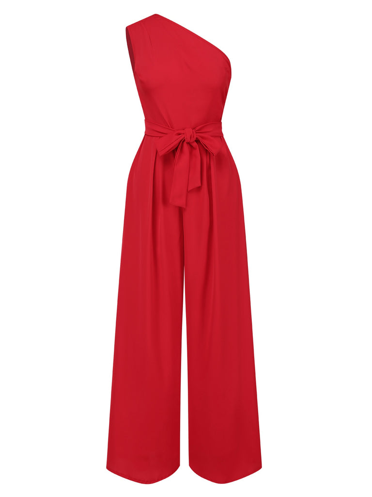 1930s One-Shoulder Solid Bind Jumpsuit