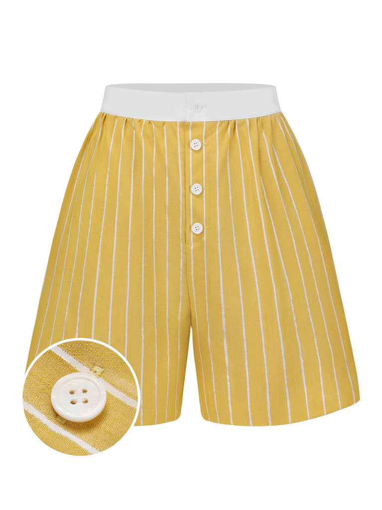 [Pre-Sale] Yellow 1950s High Waist Button Stripes Shorts