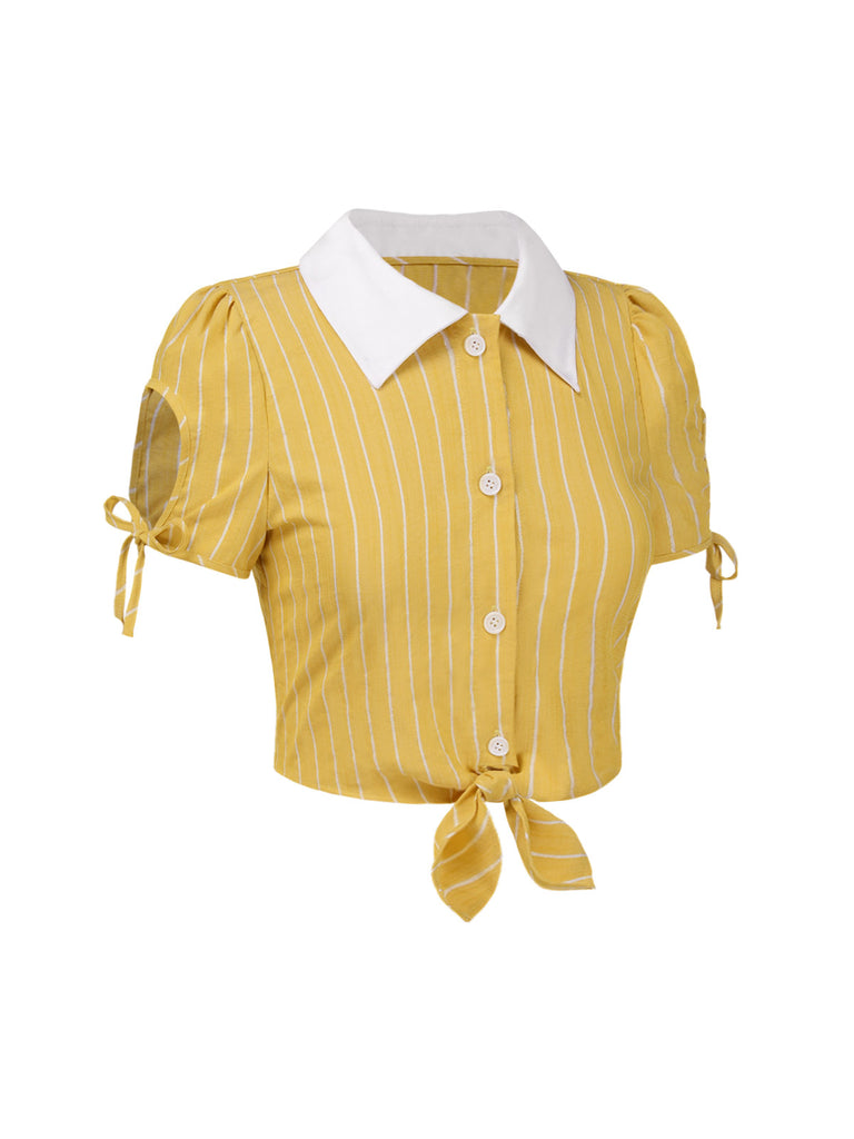 [Pre-Sale] Yellow 1950s Stripes Tie-Front Blouse