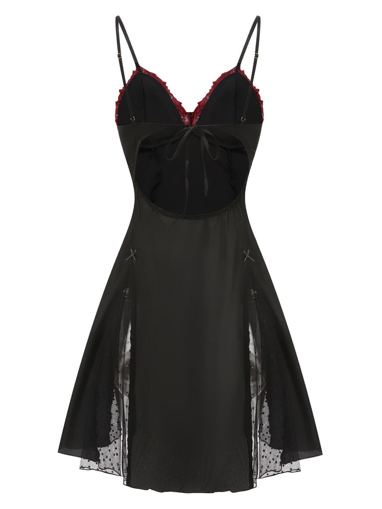 Black 1940s Embroidered Satin Lace Nightdress