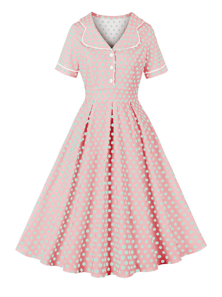 Pink 1950s Blue Polka Dot Lapel Dress