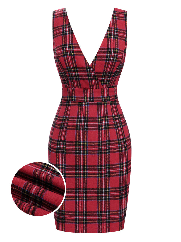 Red 1960s Tartan Plaids Suspender Dress