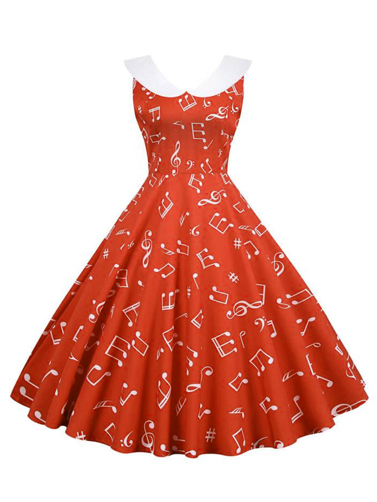 Red 1950s Musical Notes Swing Dress