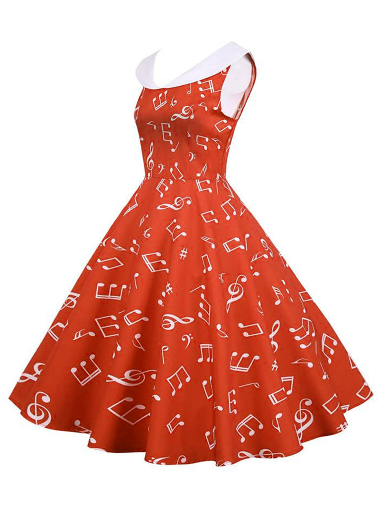 Red 1950s Musical Notes Swing Dress