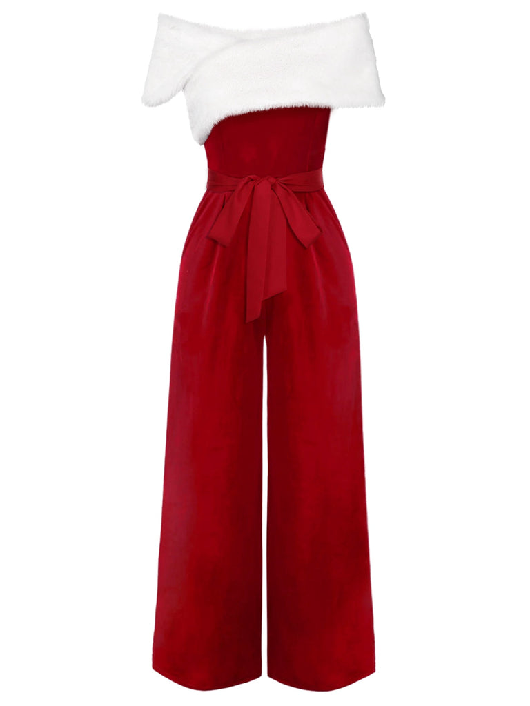 [Pre-Sale] Red 1960s Off-Shoulder Faux Fur Velvet Jumpsuit