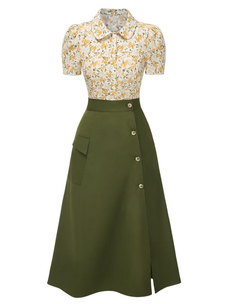 [Pre-Sale] 2PCS 1940s Peter Pan Collar Floral Blouse & Slit Skirt