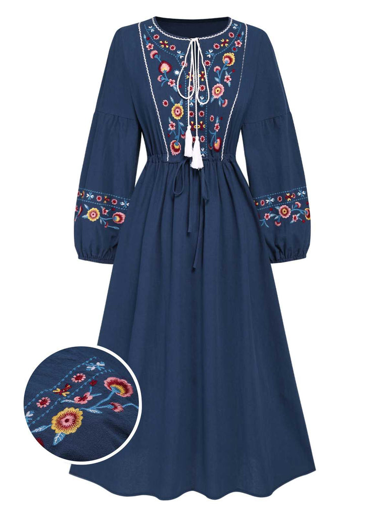 Blue 1940s Embroidered Floral Lantern Sleeve Dress