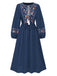 Blue 1940s Embroidered Floral Lantern Sleeve Dress