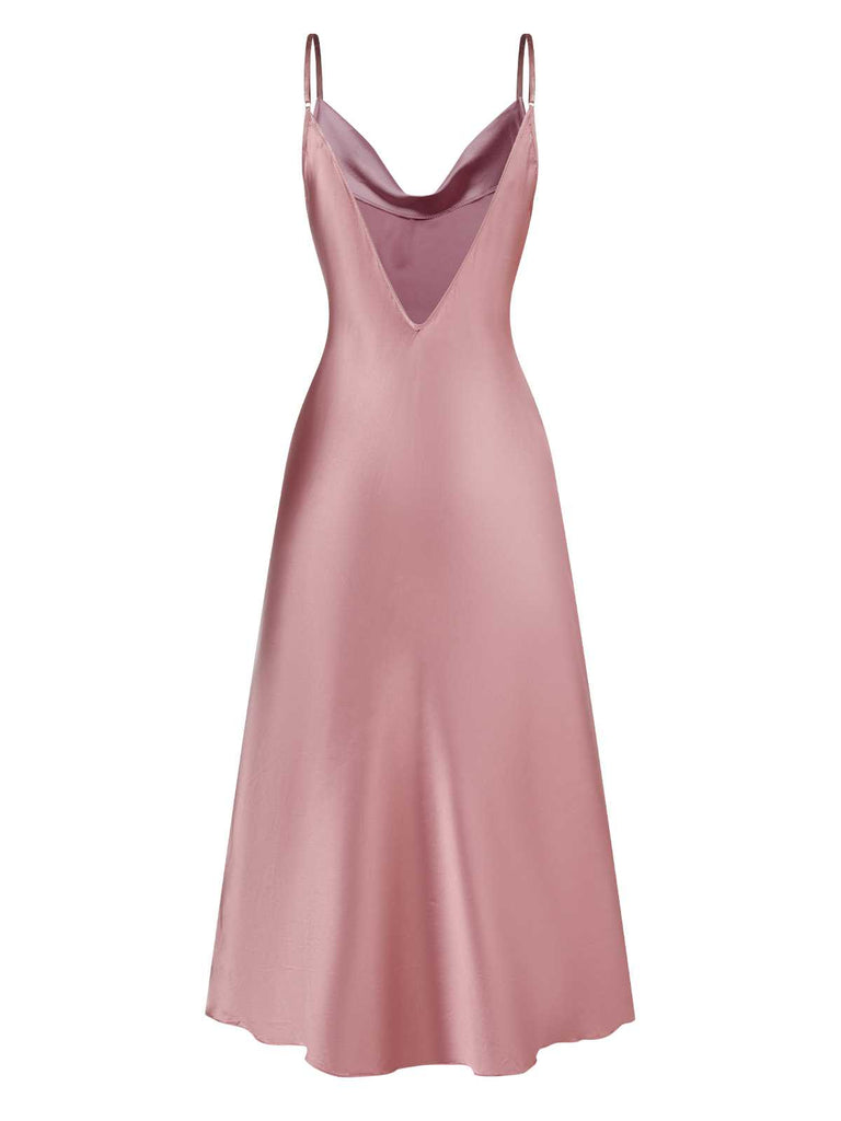 Pink 1930s Solid Satin Slit Suspender Nightdress