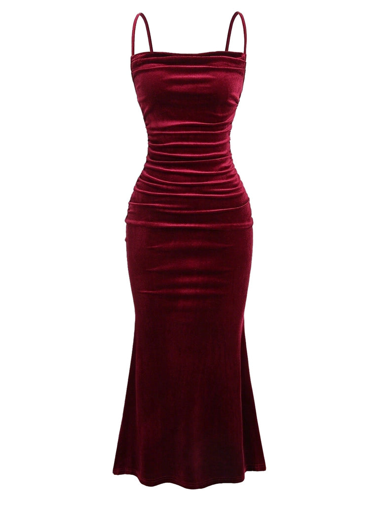 Wine Red 1930s Velvet Spaghetti Straps Mermaid Dress