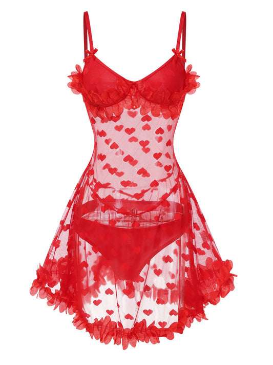 Red 1960s Heart Mesh Flower Edge Nightdress