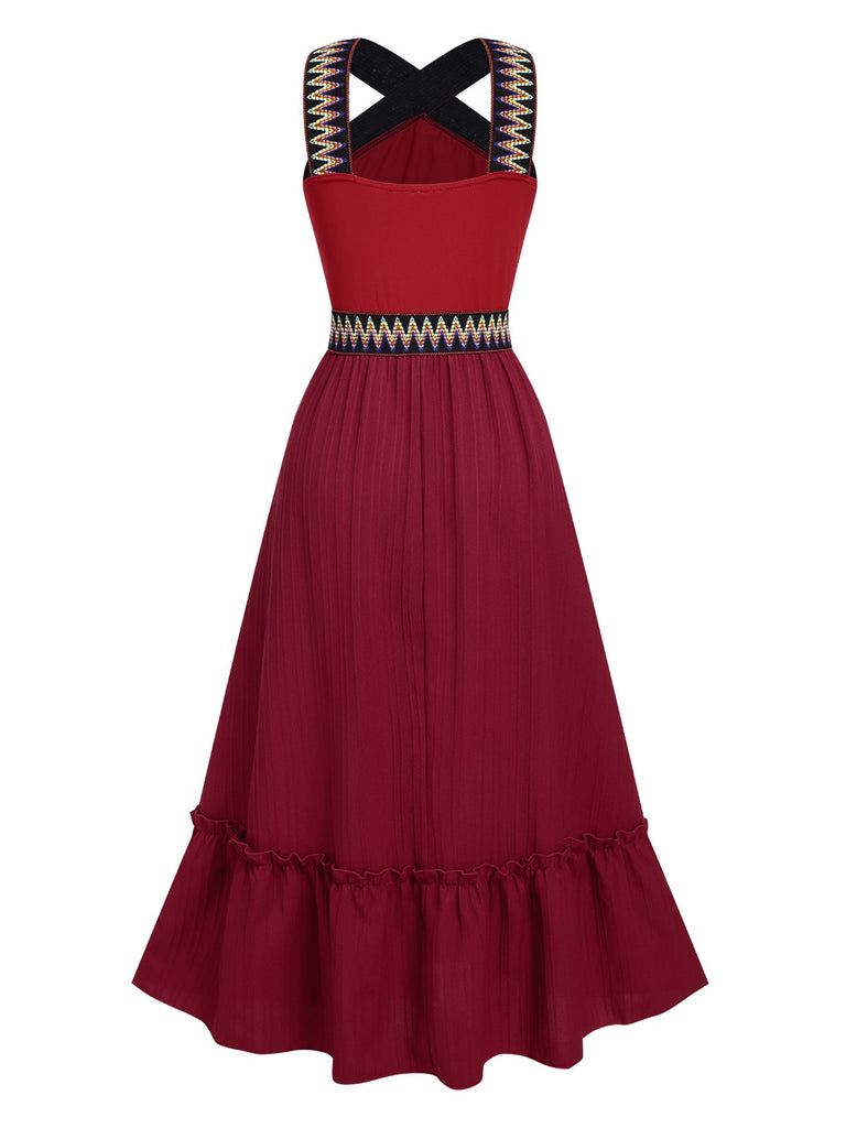 Wine Red 1940s Cross Halter Ethnic Dress