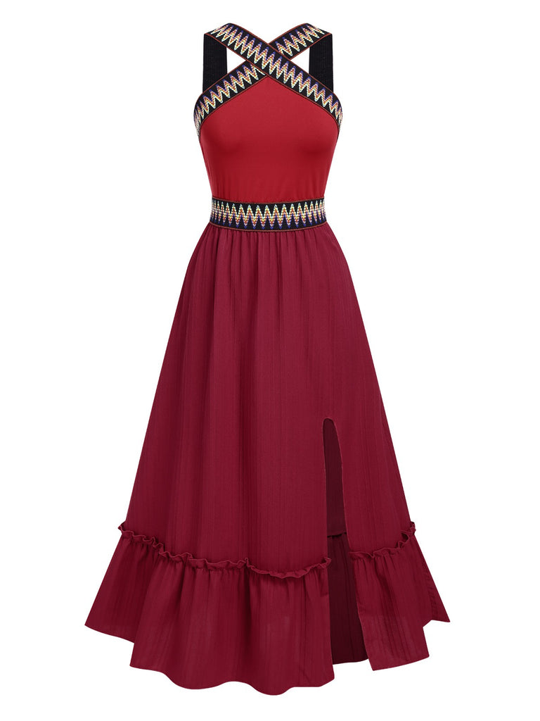 Wine Red 1940s Cross Halter Ethnic Dress