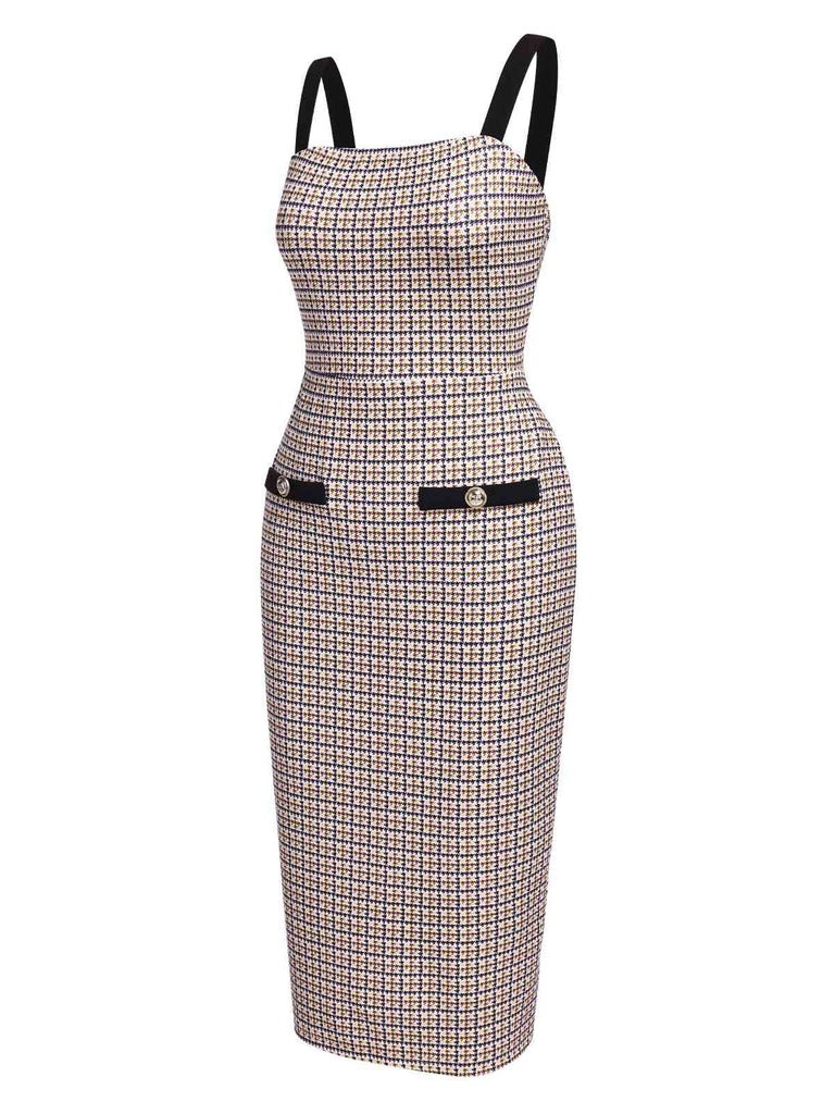 Beige 1960s Knitted Straps Pencil Dress