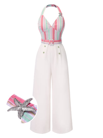 1950s Halter Starfish Colorful Stripes Belted Jumpsuit