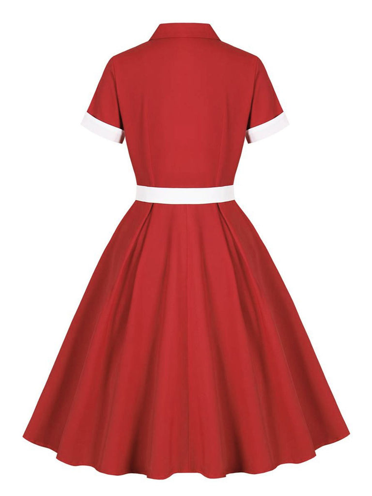 Red 1950s Lapel Patchwork Belt Dress