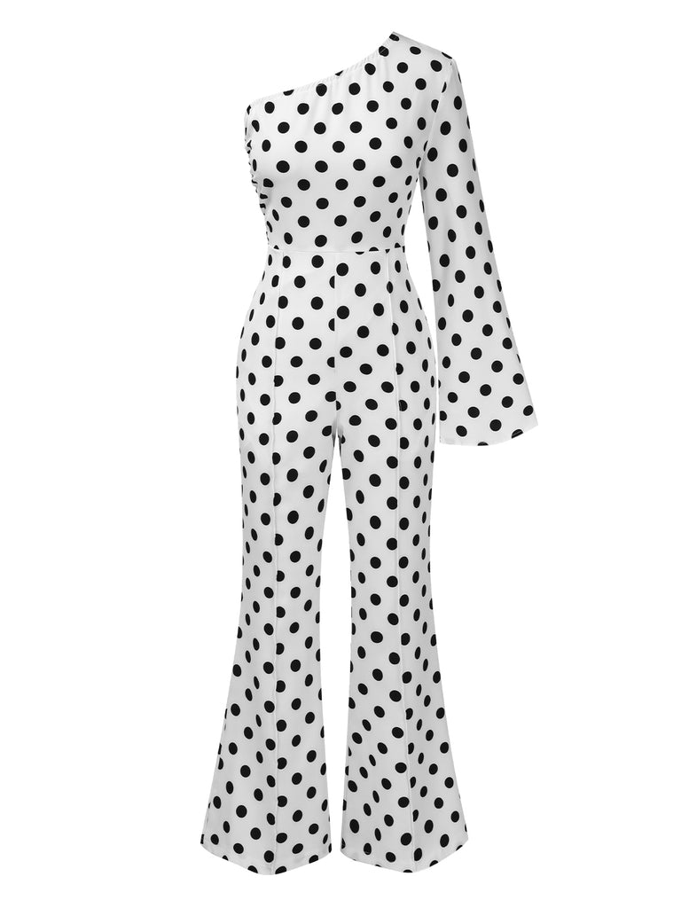 White 1970s Sloping Shoulders Polka Dot Jumpsuit