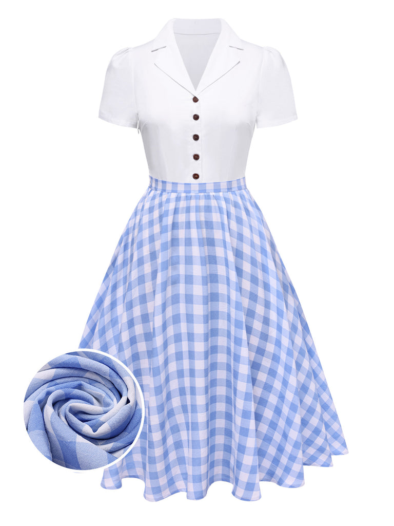 [Pre-Sale] Blue 1950s Lapel Coconut Shell Button Check Dress
