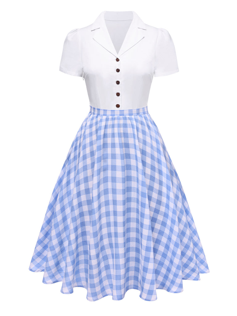 [Pre-Sale] Blue 1950s Lapel Coconut Shell Button Check Dress
