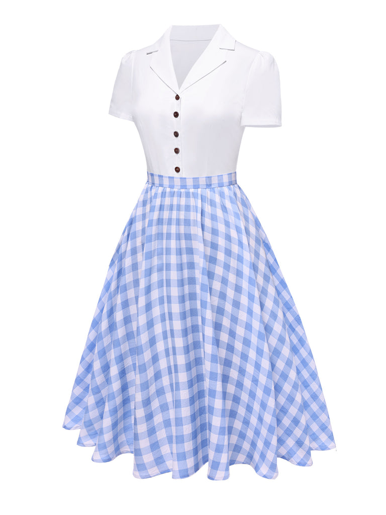 [Pre-Sale] Blue 1950s Lapel Coconut Shell Button Check Dress