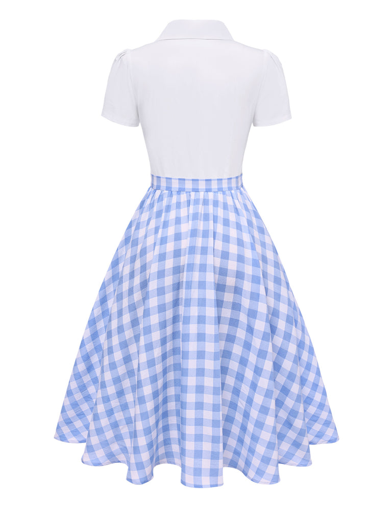 [Pre-Sale] Blue 1950s Lapel Coconut Shell Button Check Dress