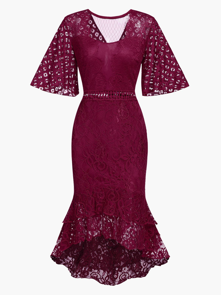 Wine Red 1930s Solid Lace Fishtail Dress