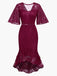 Wine Red 1930s Solid Lace Fishtail Dress