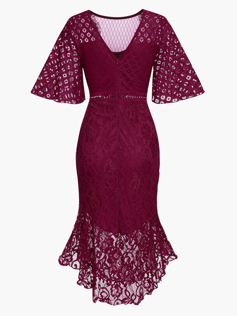 Wine Red 1930s Solid Lace Fishtail Dress