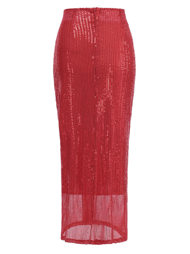 1930s Solid Sequined Split Long Skirt