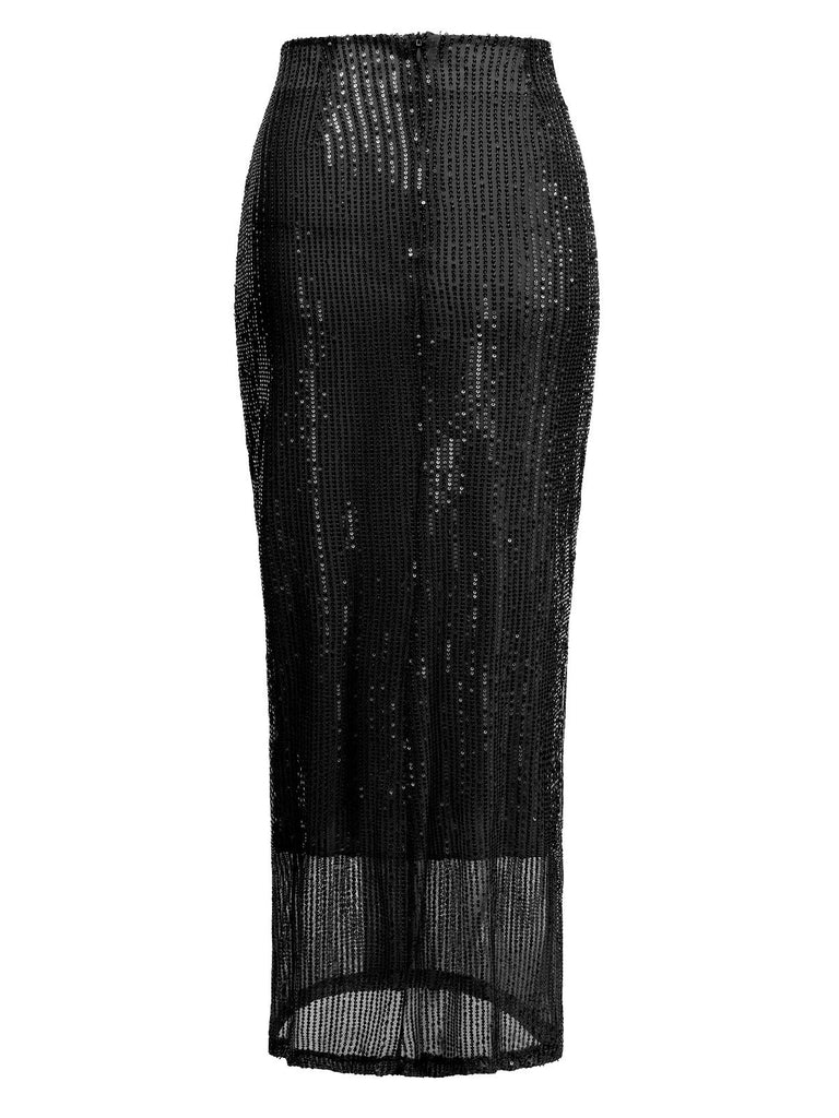 1930s Solid Sequined Split Long Skirt