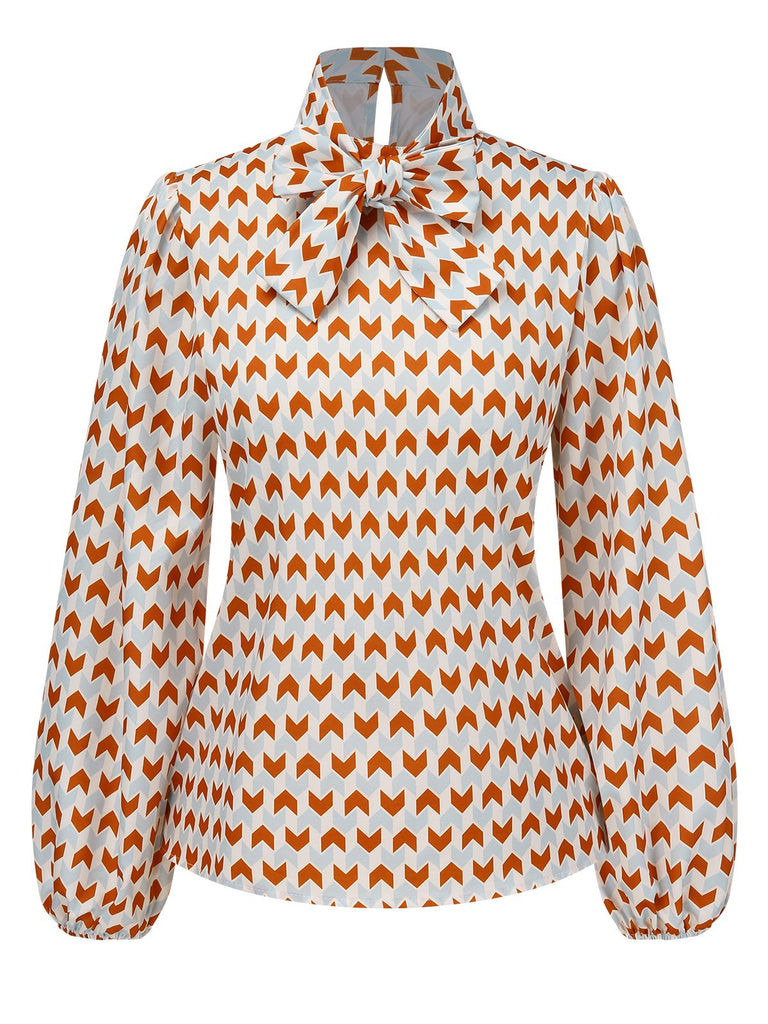 1950s Geometric Pattern Tie Neck Blouse