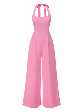 Pink 1950s Halter Solid Jumpsuit