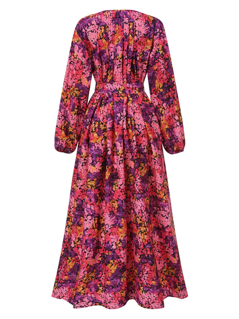 Rose Red 1930s Boho Style Belted Floral Dress