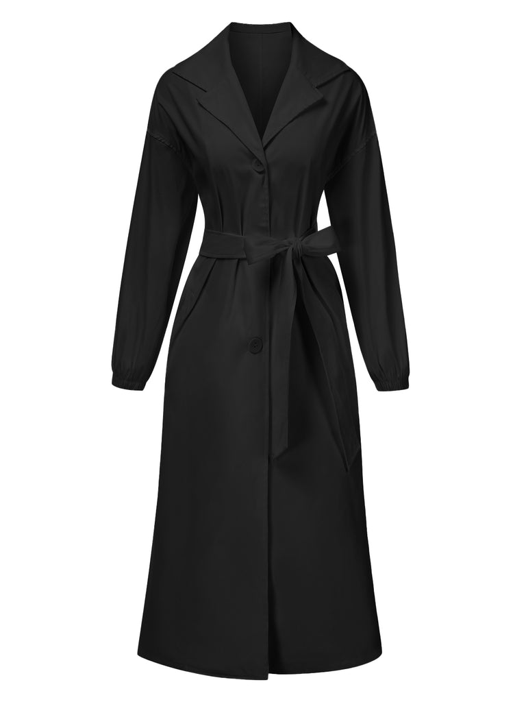 1940s Solid Notched Collar Belted Long Coat