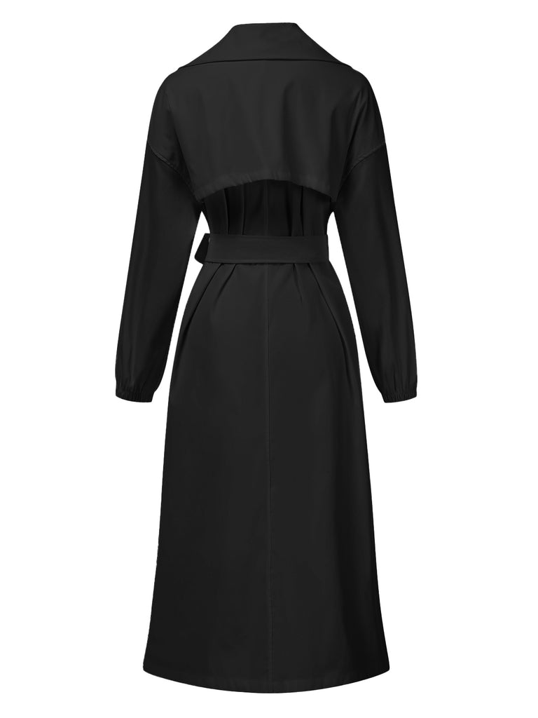 1940s Solid Notched Collar Belted Long Coat