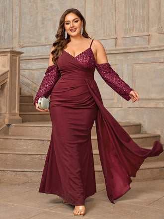 [Plus Size] Deep Red 1960s Spaghetti Strap Sequined Dress