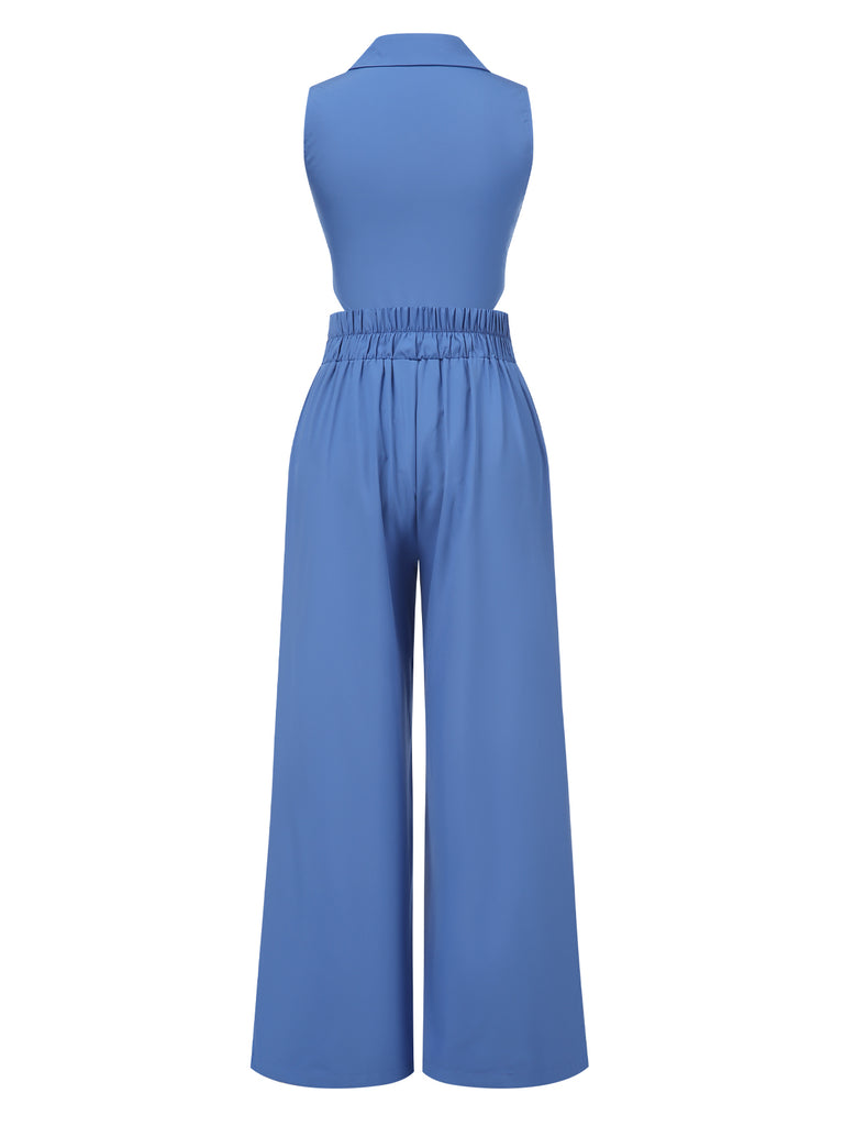 2PCS Blue 1940s Solid Top & Wide-leg Pants