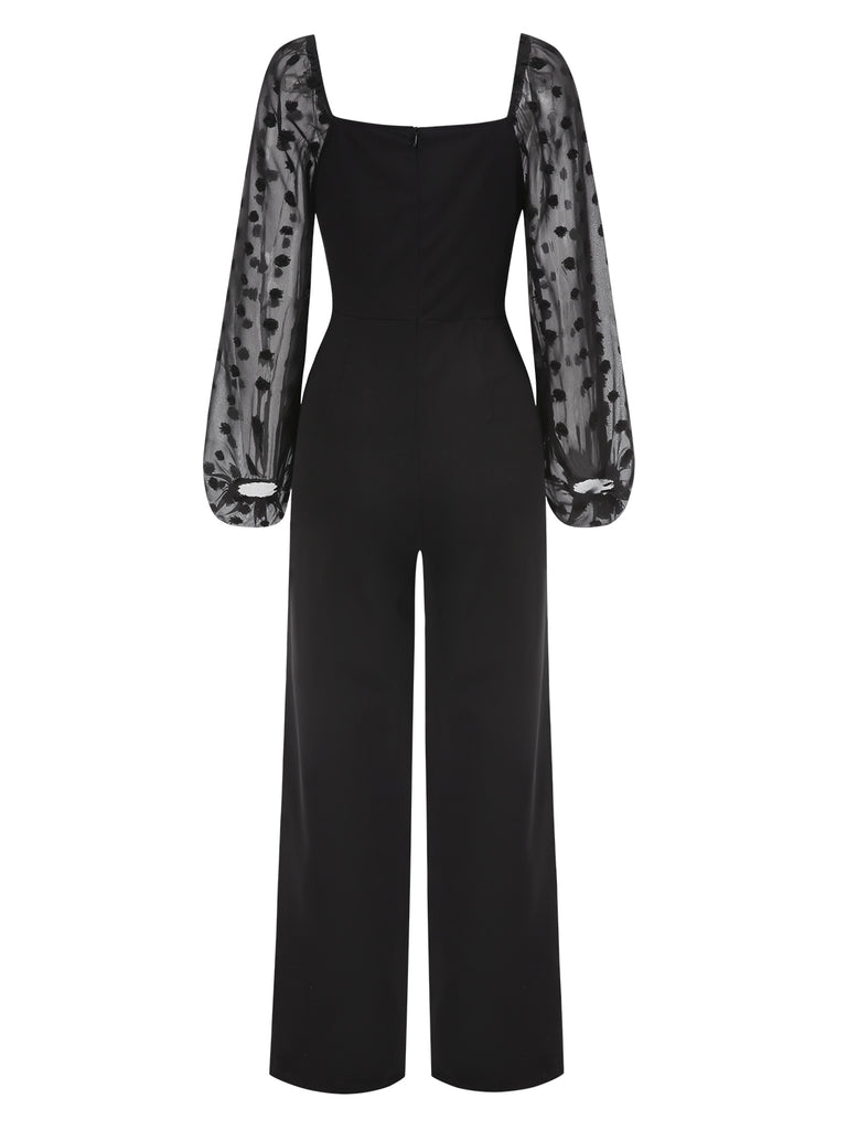 Black 1960s Flocked Square Neck Patchwork Jumpsuit